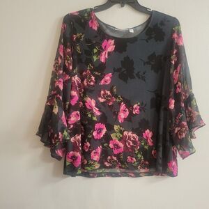 Susan Graver Size 2X Sheer Sleeve Grey/Pink Floral Tunic Top  Artsy Flirty Mvmt